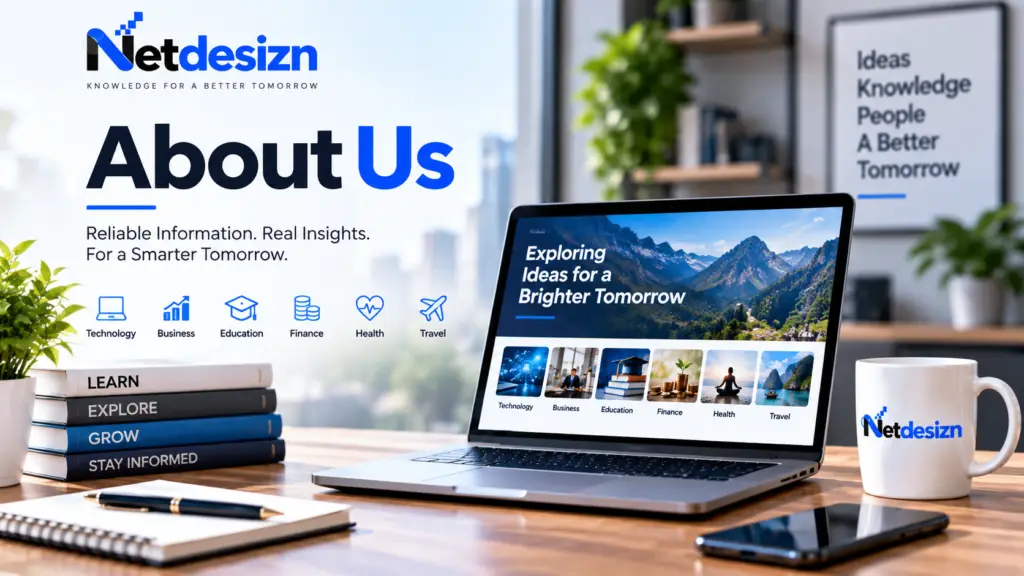 Netdesizn About Us page featuring digital knowledge categories and brand workspace.