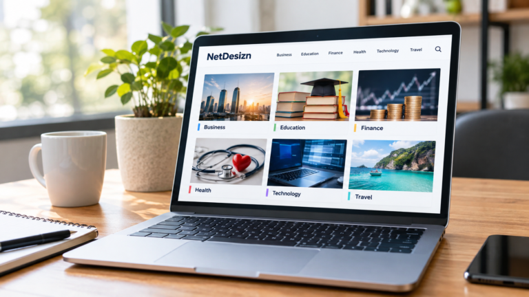 Netdesizn Com 2026 website overview showing Business, Education, Finance, Health, Technology, and Travel topics