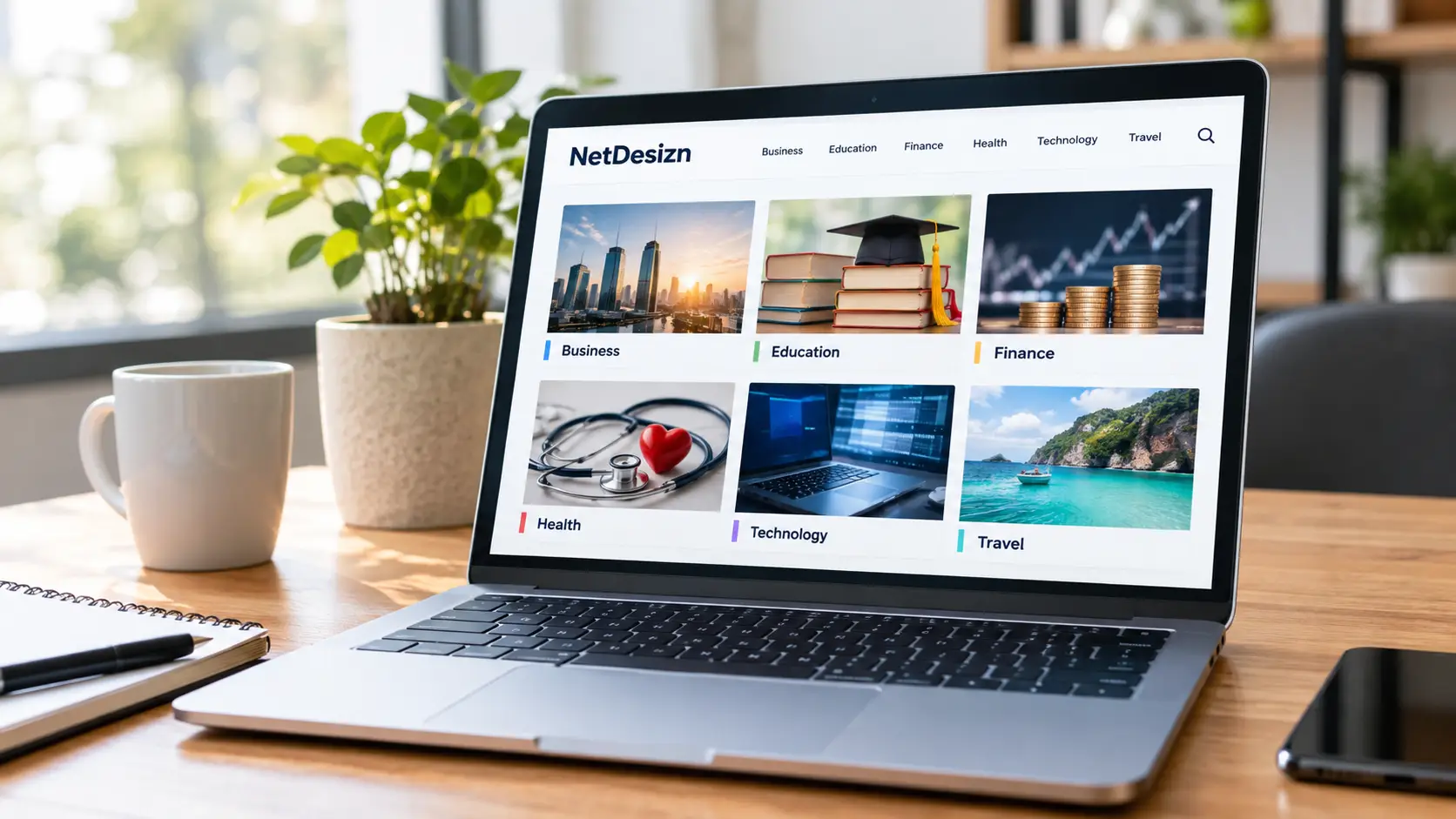 Netdesizn Com 2026 website overview showing Business, Education, Finance, Health, Technology, and Travel topics