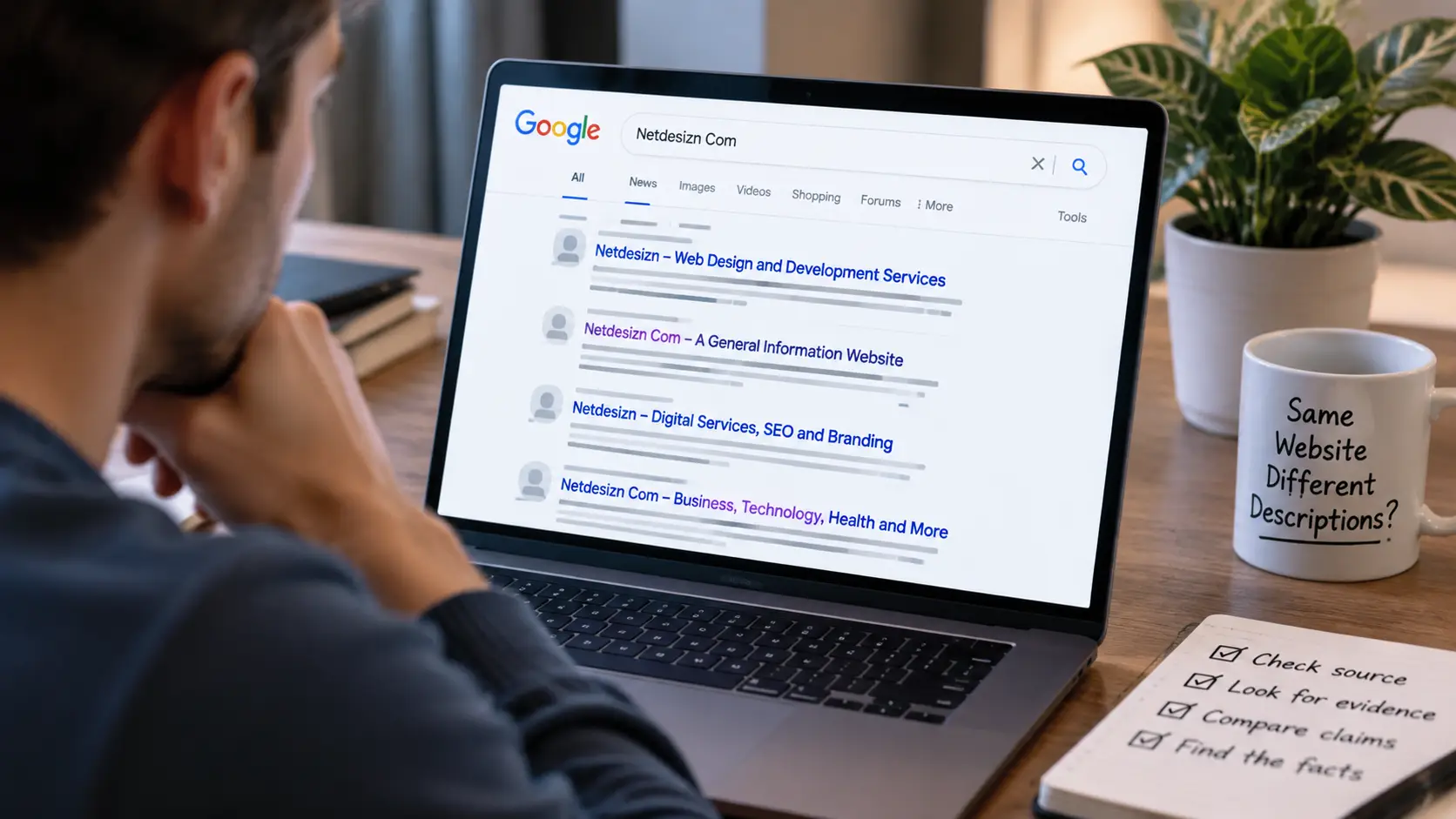 Netdesizn Com Google results showing conflicting descriptions and website information research.