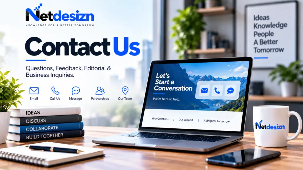 Netdesizn Contact Us page featuring email, messages, partnerships, and customer communication.