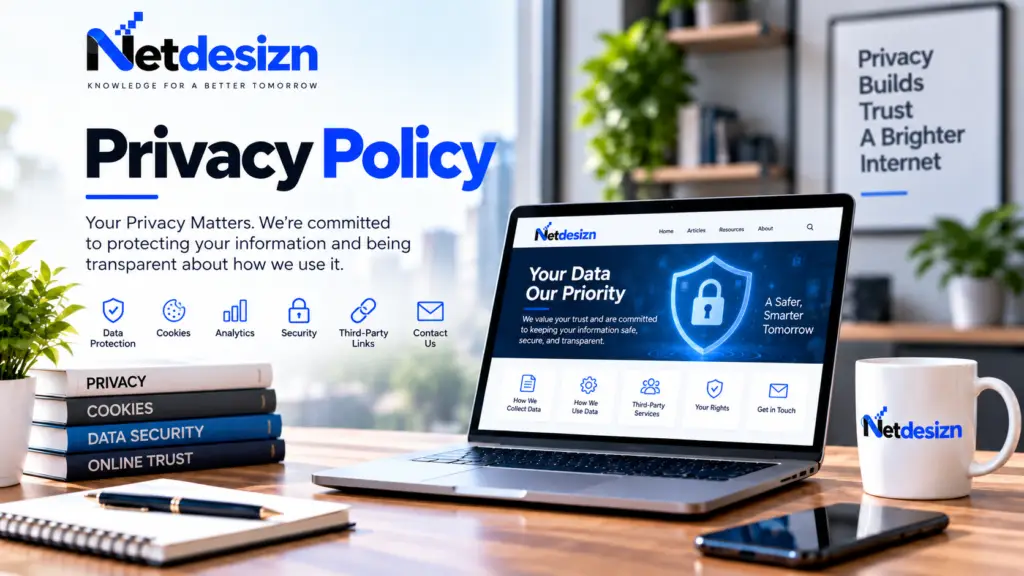 Netdesizn Privacy Policy page featuring data protection, cookies, analytics, security, and online privacy.