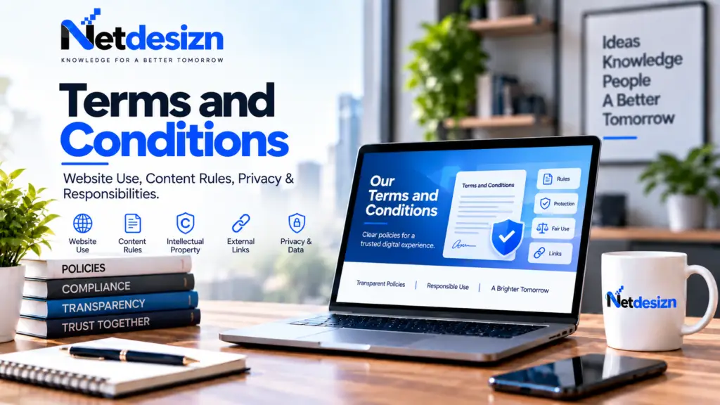 Netdesizn Terms and Conditions page featuring website use, content rules, privacy, intellectual property, and responsibilities.